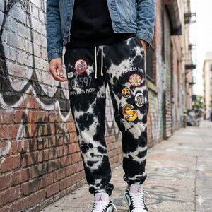 Strivers Row Black Tie Dye Patch Pants Continental Logo Mens Size Small Cotton